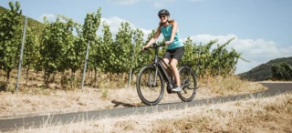 A woman rides her bike from left to right